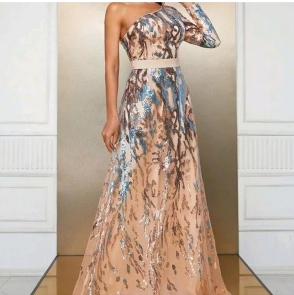 Multicolor,  Graphic Print,  Assymmetrical Neck,  Sequined Mermaid Gown - Picture 9 of 13